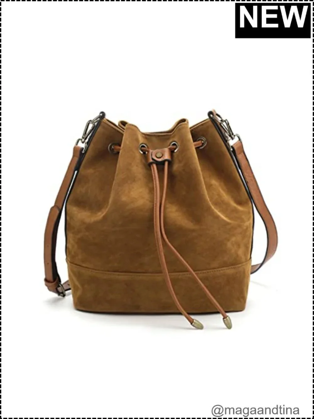 Vegan Suede Leather Bucket Bag for Women Slouchy Shoulder Purse with 2 Straps